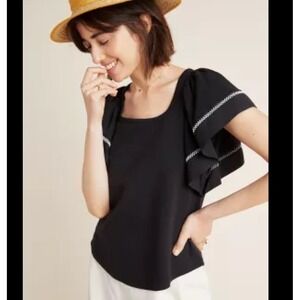 Anthropologie x Maeve Sherman Puff Sleeve Lattice Trim Square Neck Top‎ Size SM